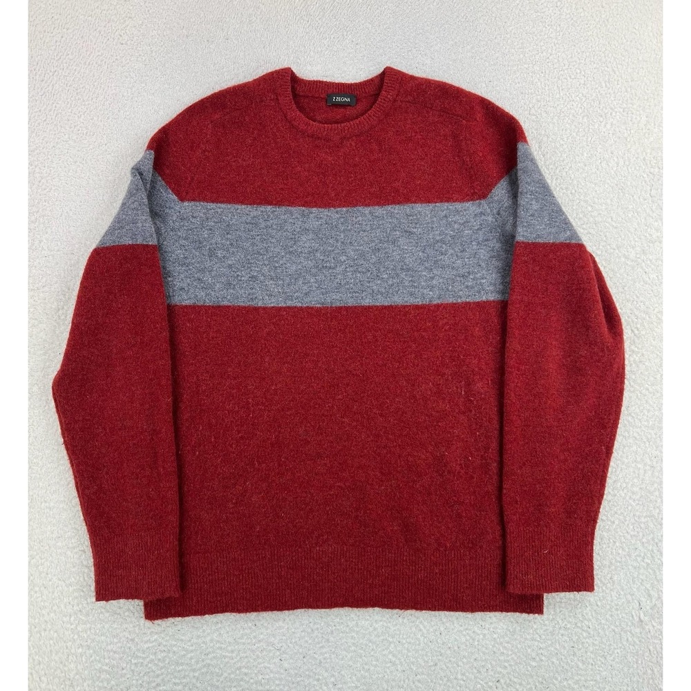 Z Zegna Sweater Mens Large Red Gray Striped Mohair Blend Crewneck Knit Pullover